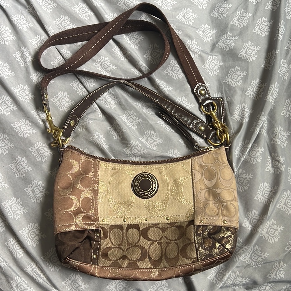 Brown/gold patchwork Coach shoulder bag purse - Picture 1 of 8
